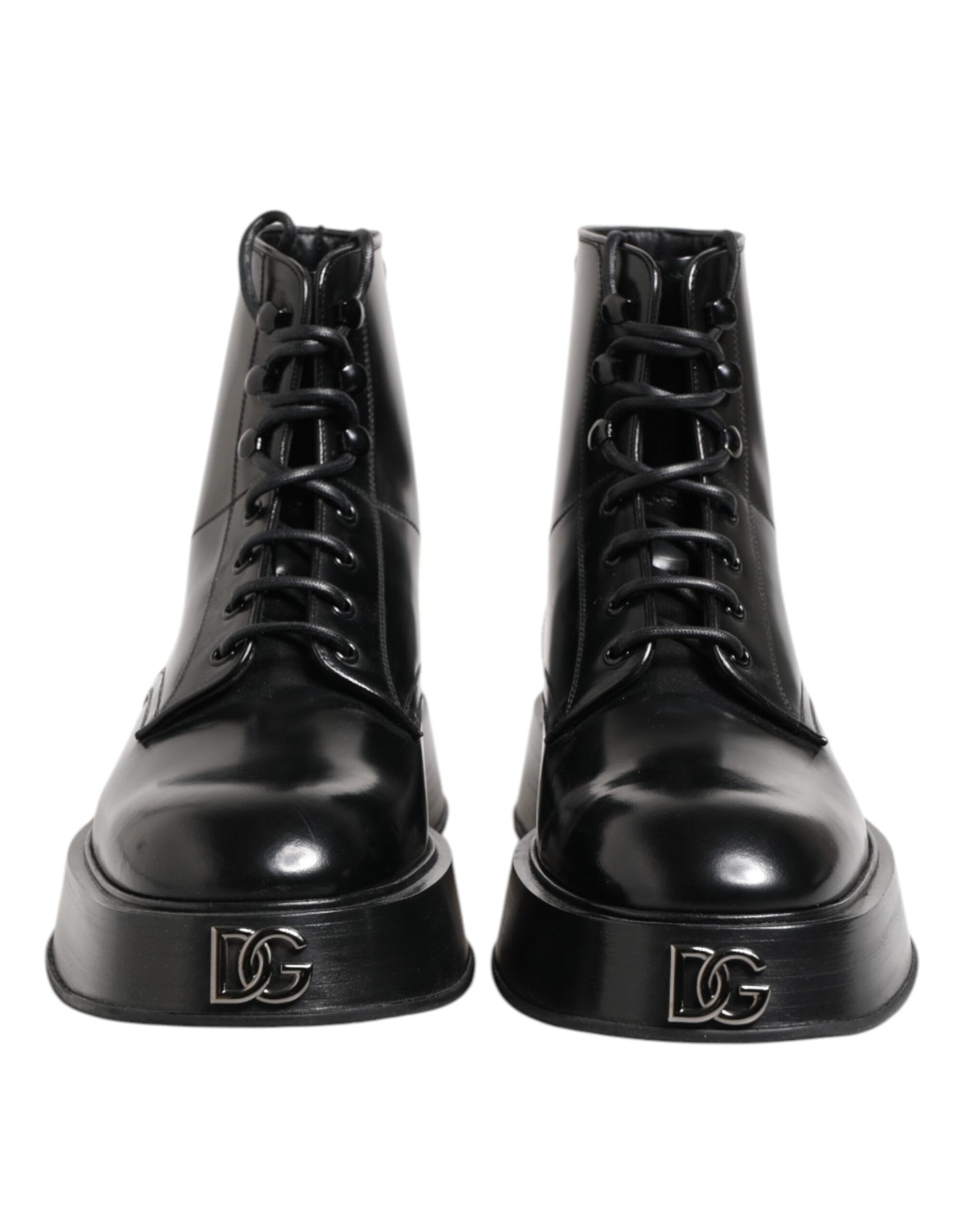 Dolce & Gabbana Black Leather Logo Ankle Boots Lace Up Shoes