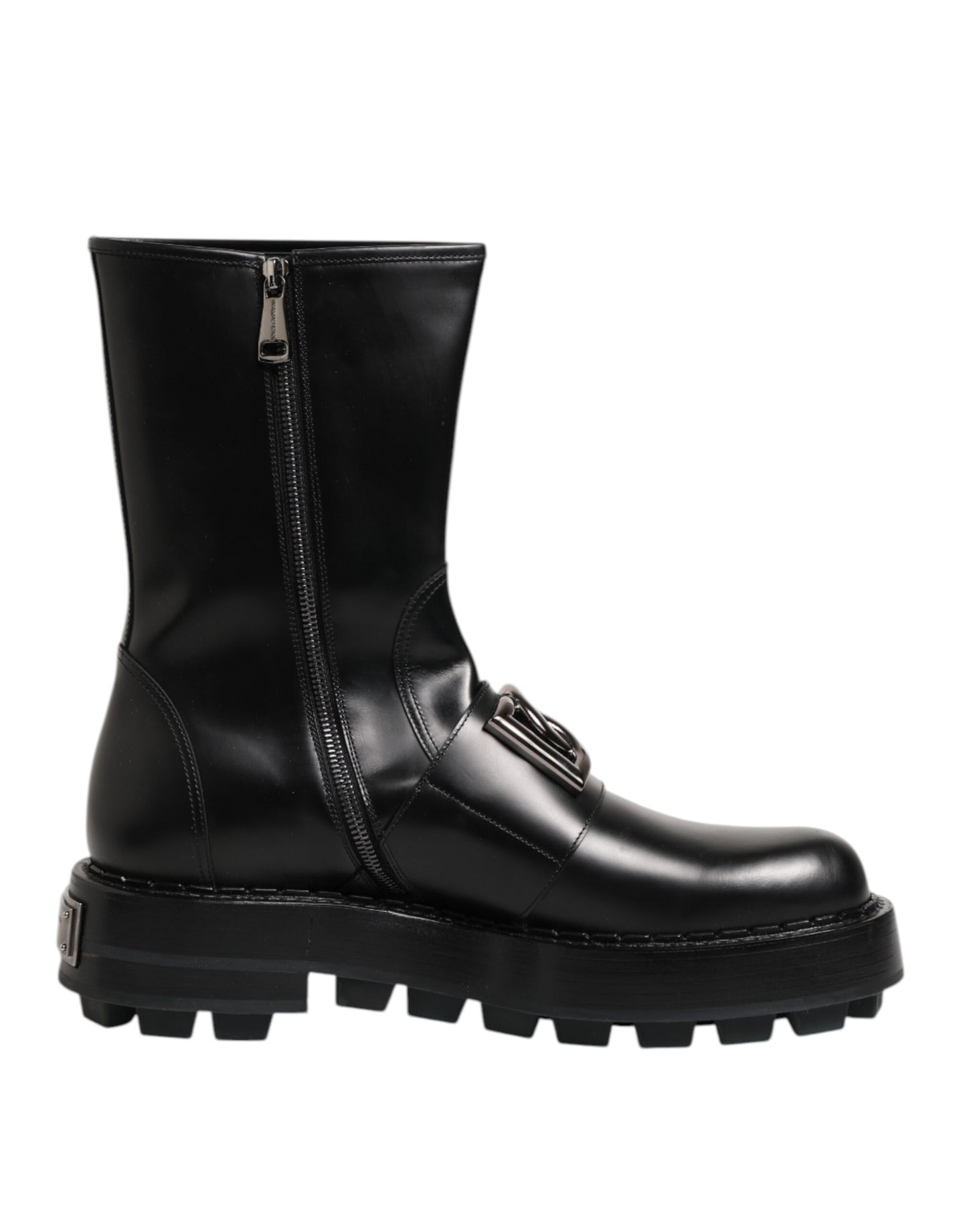 Dolce & Gabbana Black Logo Plaque Mid Calf Biker Boots Shoes