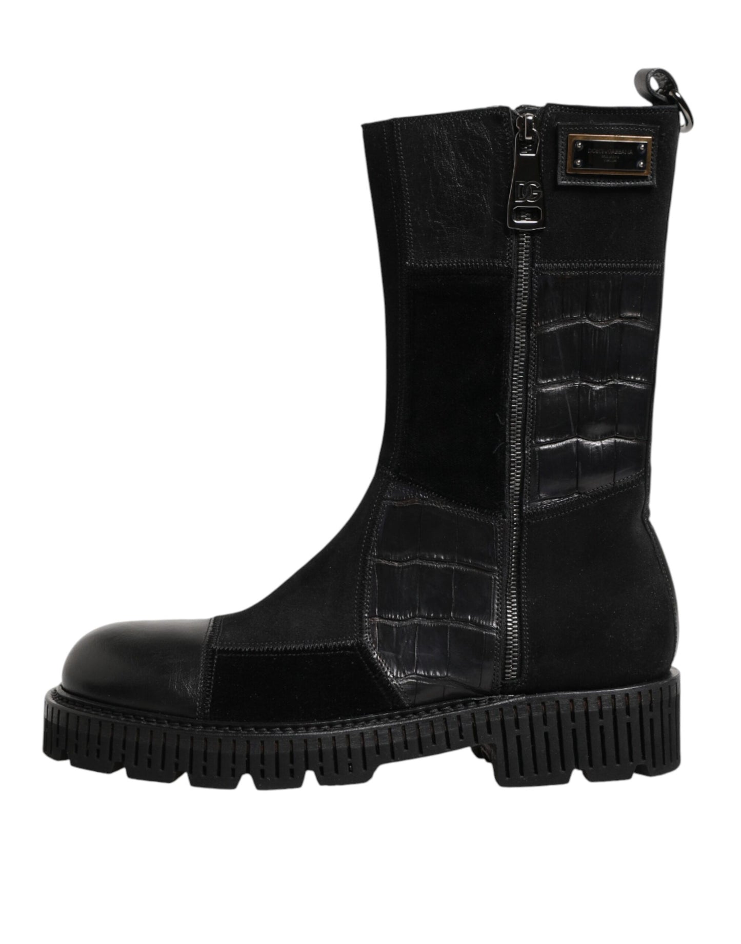 Dolce & Gabbana Black Patchwork Leather Mid Calf Boot Shoes