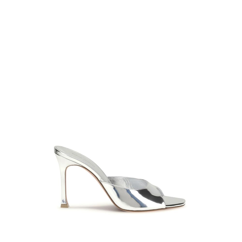 Amina Muaddi Silver Calf Leather Bos Taurus Stiletto Heel Sandals
